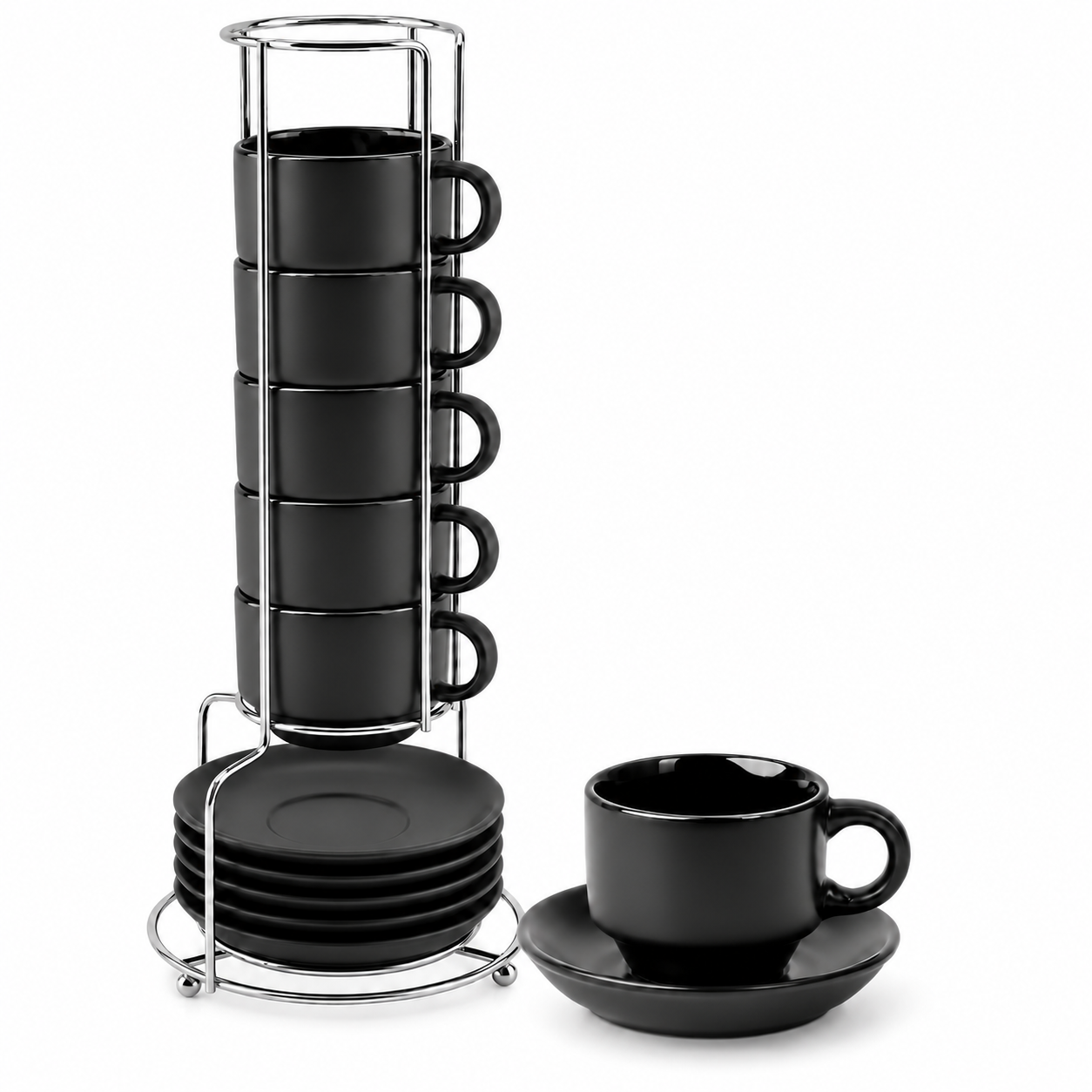 Set 6 cești espresso MIAMIO Le Papillon Negru, 75 ml, cu farfurioare și suport metalic