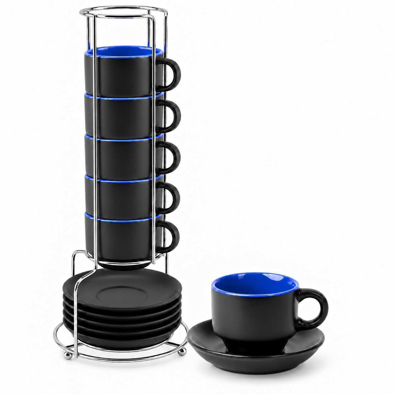 Set 6 cești espresso MIAMIO Le Papillon Albastru, 75 ml, cu farfurioare și suport metalic