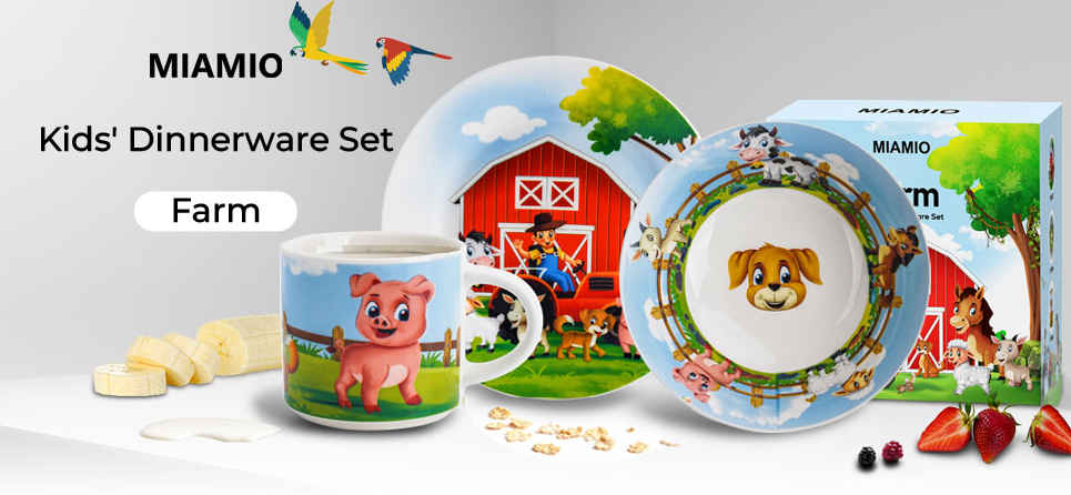 Set vesela pentru copii, colectia Farm, 3 piese: farfurie 18cm, bol 380ml, cana 280ml, ceramica