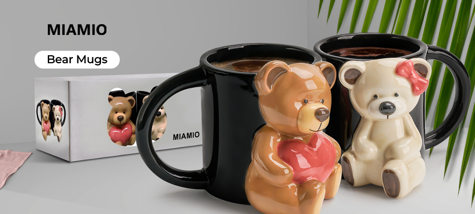 Set 2 Cani cuplu indragostiti, personalizate cu Ursuleti 3D, cadou original pentru el&ea, cafea/ceai, ceramica, negru, 350 ml