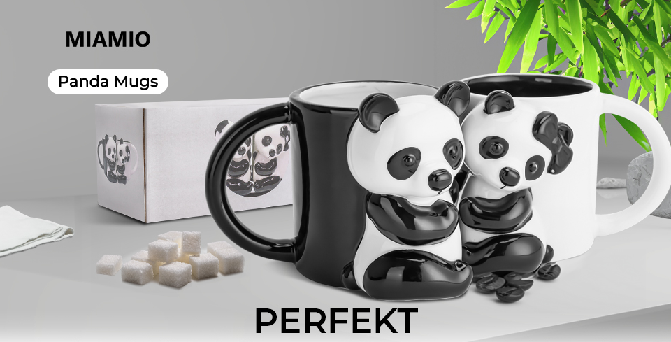 Set 2 Cani cuplu indragostiti, personalizate cu Panda 3D, cadou original pentru el&ea, cafea/ceai, ceramica, alb/negru, 400 ml