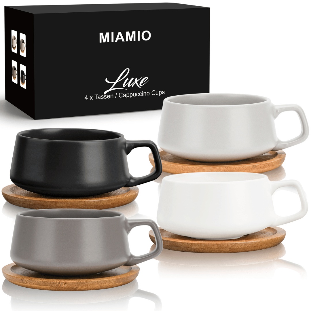 Set 4 Cesti de cappuccino cu farfurie din bambus, colectia Luxe, ceramica, gri, 320 ml