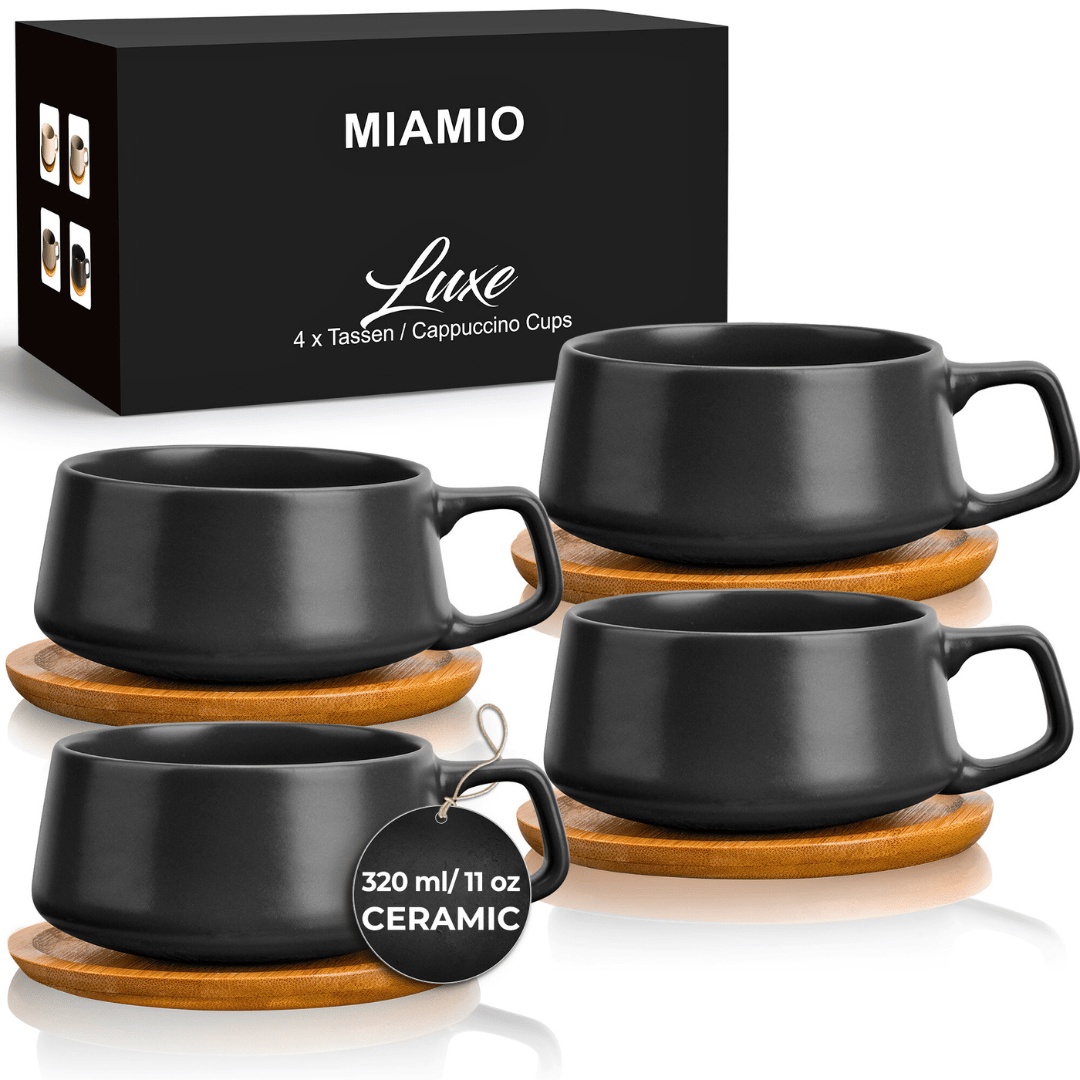 Set 4 Cesti de cappuccino cu farfurie din bambus, colectia Luxe, ceramica, negru, 320 ml