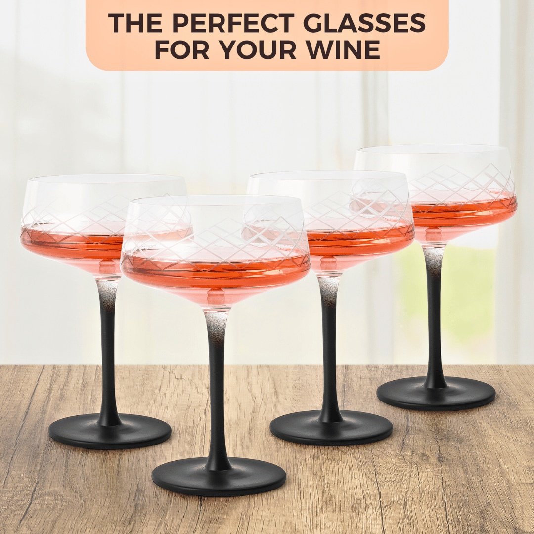 Set 4 Pahare Coupe, Crystaluna, cu picior negru elegant, sticla transparenta, 280ml, lingurita pentru cocktail inclusa - 1 | YEO