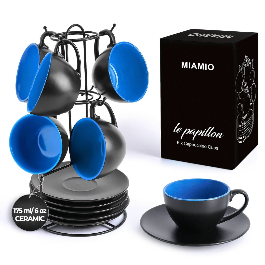 Set 6 Cesti de cappuccino cu farfurie, colectia Le Papillon, ceramica, albastru, 175 ml