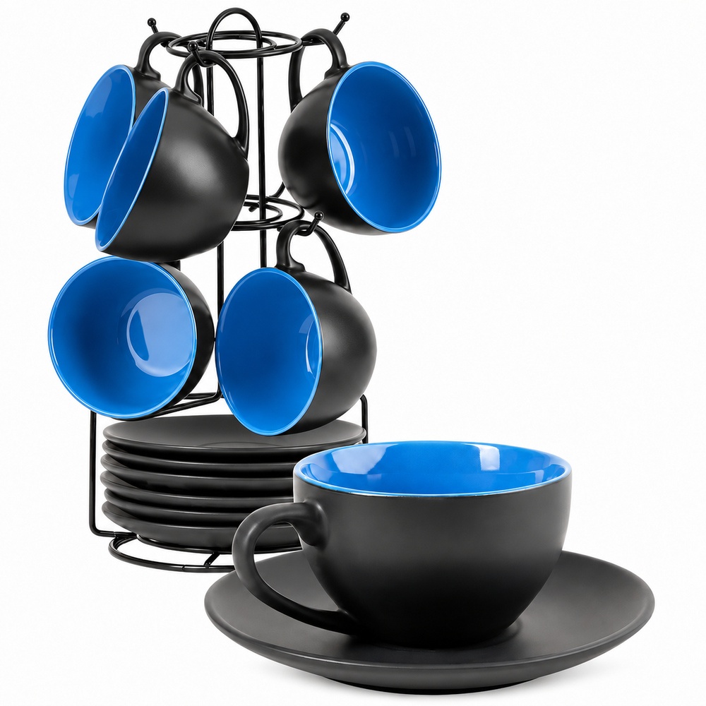 Set 6 Cesti de cappuccino cu farfurioara, Le Papillon Blue, ceramica, 175 ml