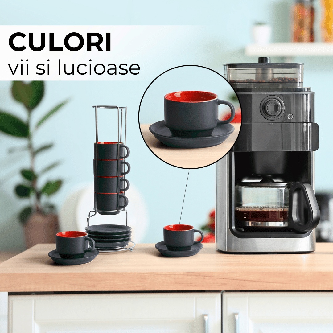 Set 6 Cesti de espresso cu farfurie, colectia Le Papillon, ceramica, rosu, 75 ml - 3 | YEO