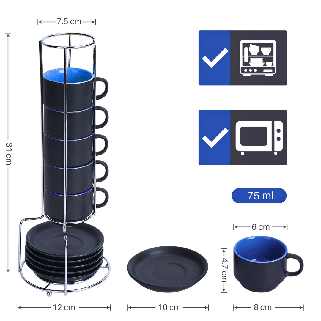 Set 6 Cesti de espresso cu farfurie, colectia Le Papillon, ceramica, albastru, 75 ml - 2 | YEO