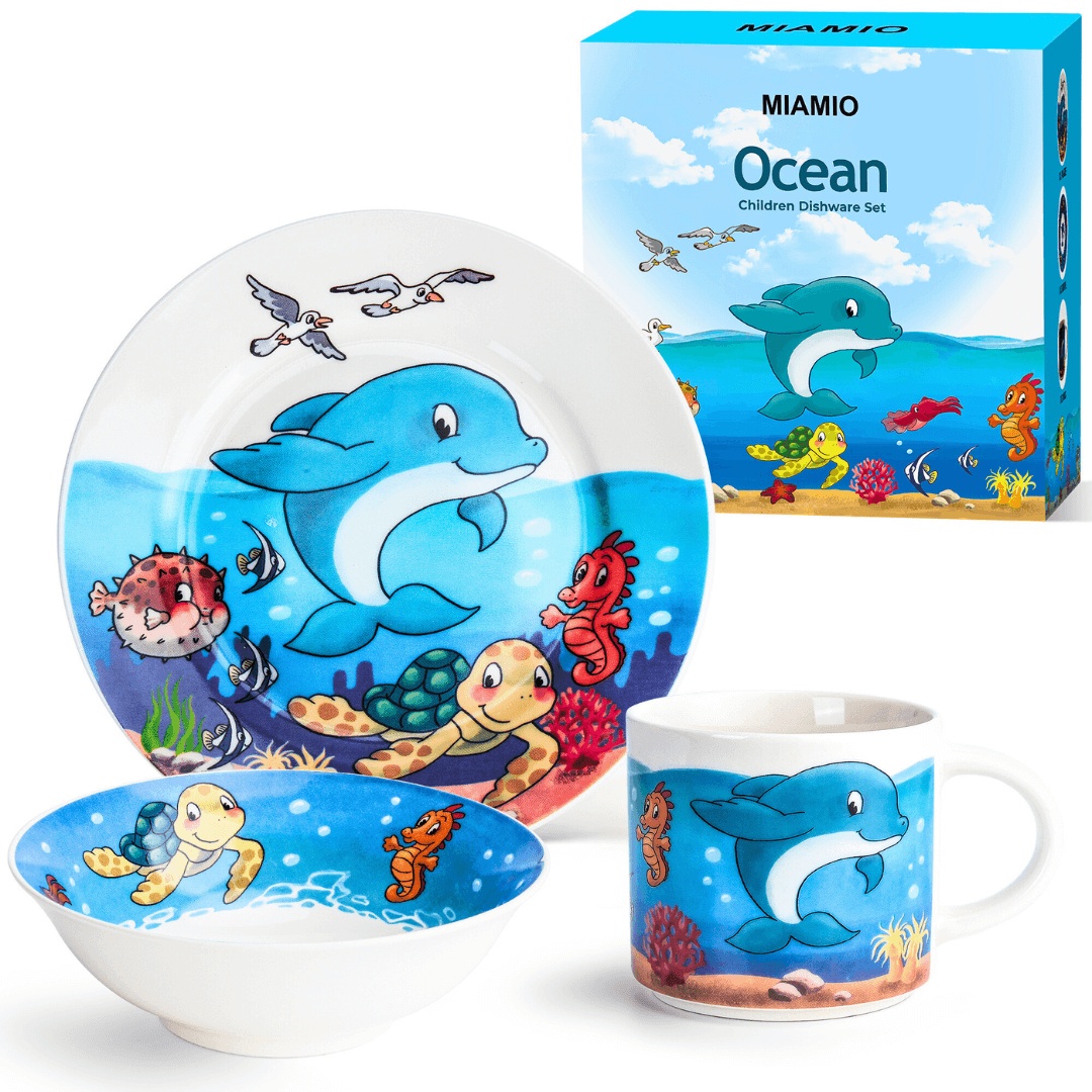 Set vesela pentru copii, colectia Ocean, farfurie 18cm, bol 380ml, cana 280ml, 3 piese ceramica