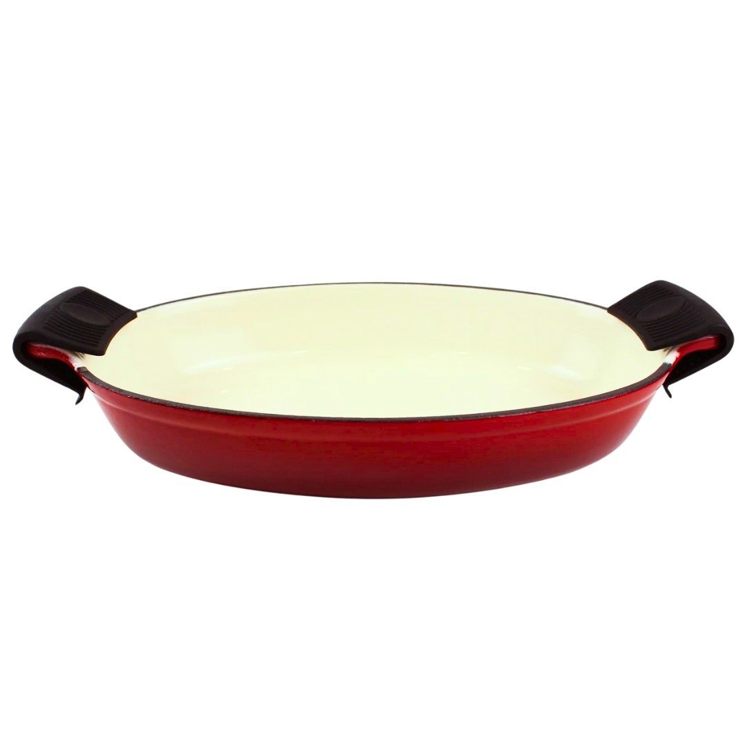 Tava ovala de copt din fonta emailata, Crucible Cookware, 1.5 L, interior 27x19.5x5 cm, potrivita pentru lasagna / legume / friptura la cuptor, manere cu 2 suporturi din silicon termorezistent incluse