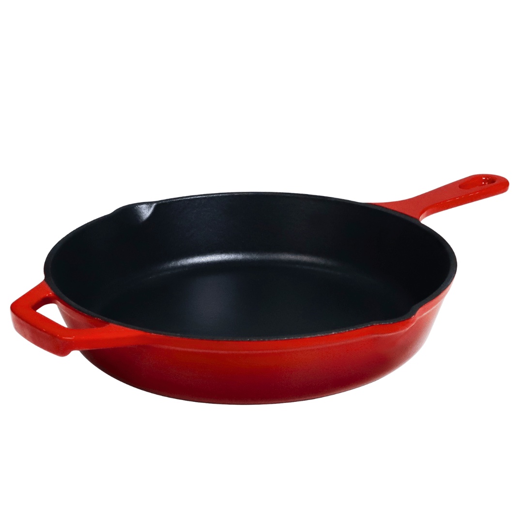 Tigaie din fonta emailata, Crucible Cookware, 26 cm, interior emailat negru, cu manere fixe, rosie, cu 2 suporturi din silicon termorezistente incluse