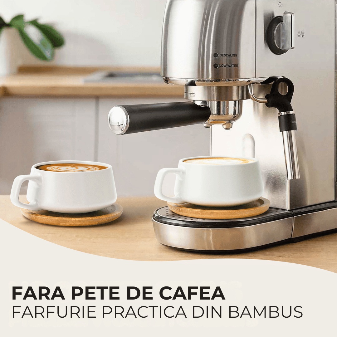 Set 4 Cesti de cappuccino cu farfurie din bambus, colectia Luxe, ceramica, alb, 320 ml