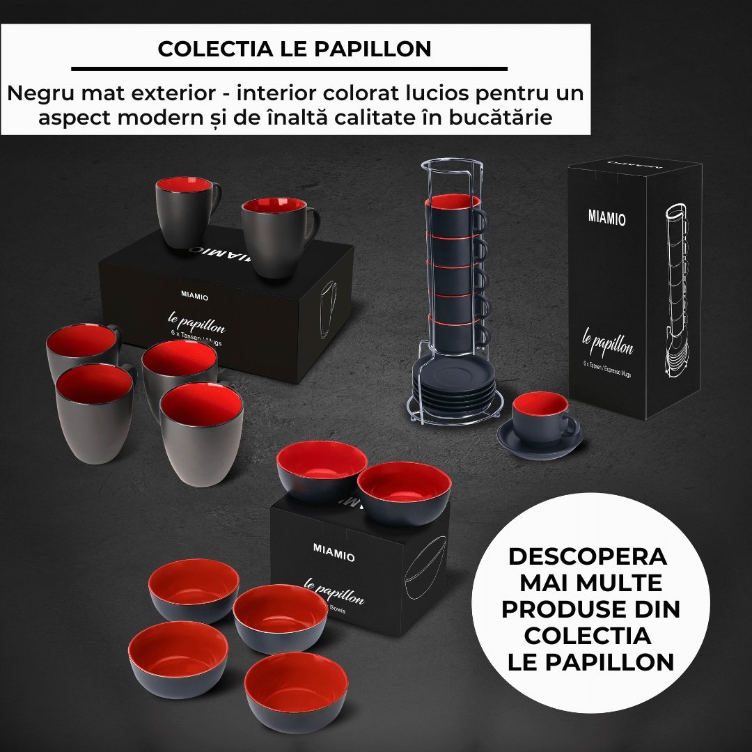 Set 6 Cesti de espresso cu farfurie, colectia Le Papillon, ceramica, rosu, 75 ml