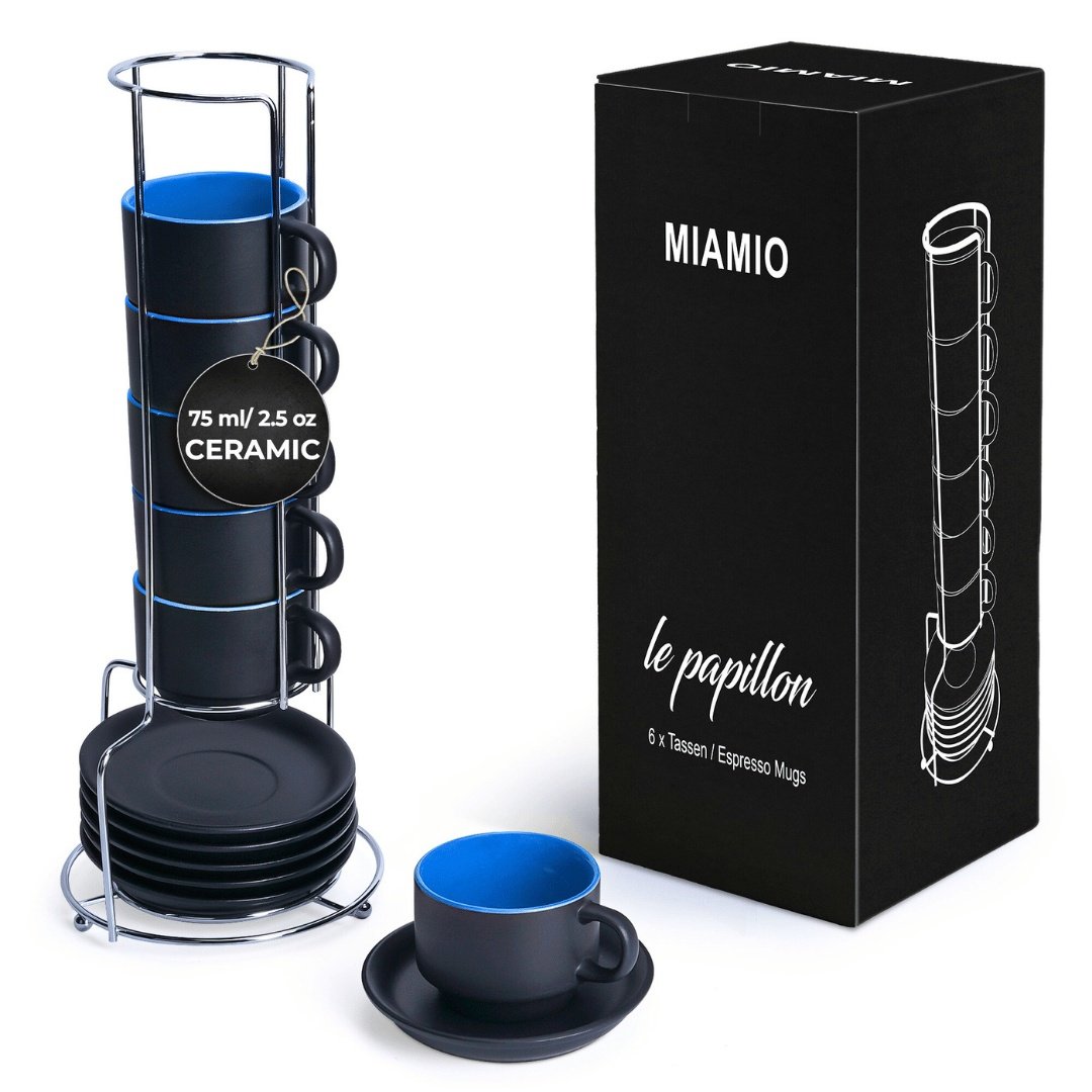 Set 6 Cesti de espresso cu farfurie, colectia Le Papillon, ceramica, albastru, 75 ml