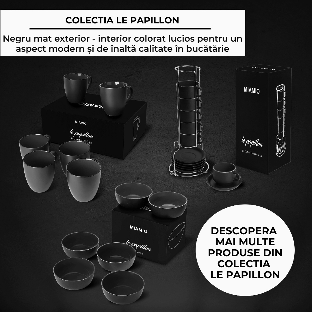 Set 6 Cesti de espresso cu farfurie, colectia Le Papillon, ceramica, negru, 75 ml