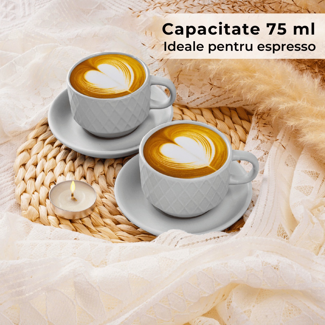 Set 6 Cesti de espresso cu farfurie, colectia Palmanova, ceramica, alb, 75 ml - 1 | YEO