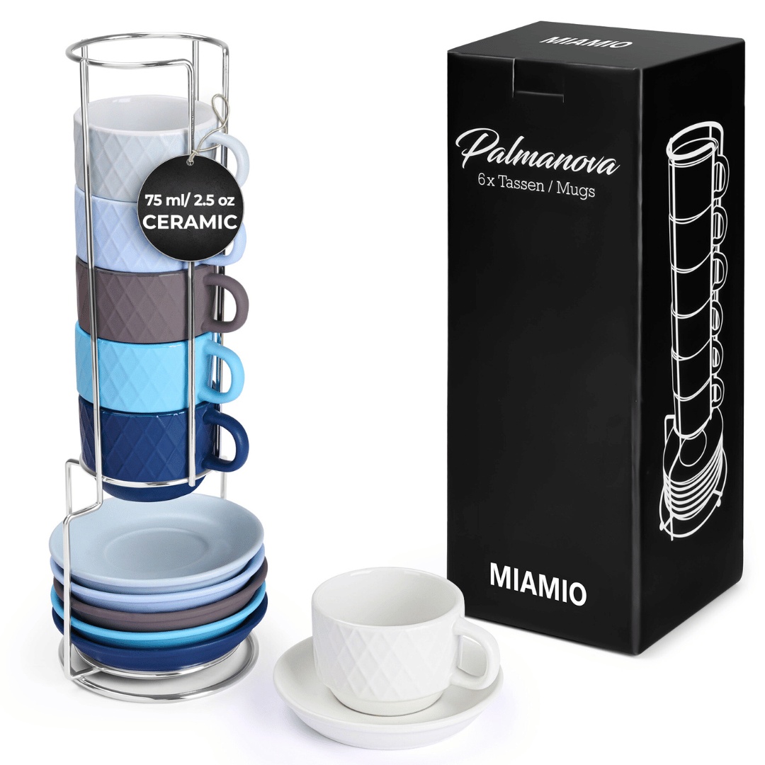 Set 6 Cesti de espresso cu farfurie, colectia Palmanova, ceramica, Ocean multicolor, 75 ml