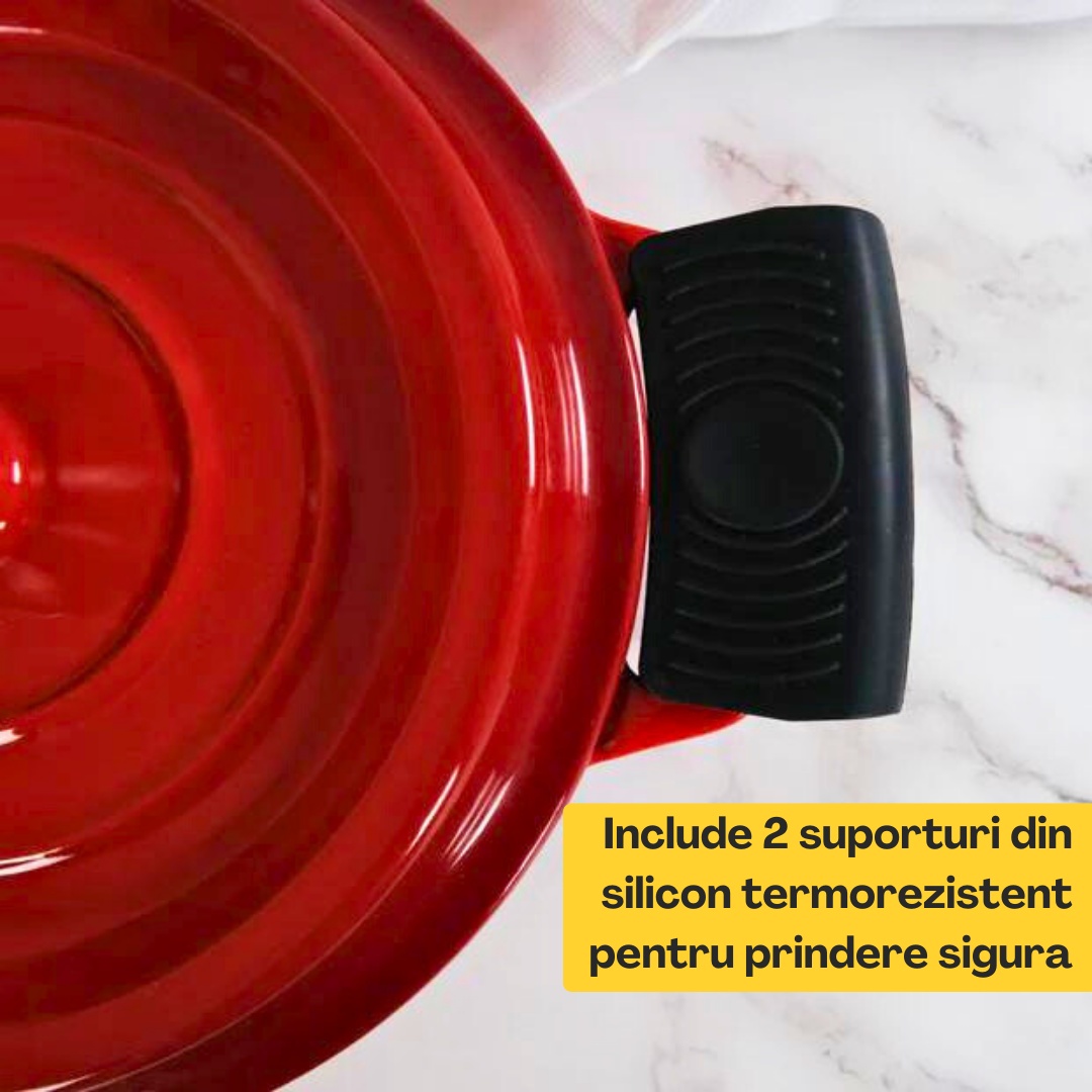 Ceaun din fonta emailata, Crucible Cookware, tip cuptor olandez, cu capac 20 cm, volum 2.2l, rosu