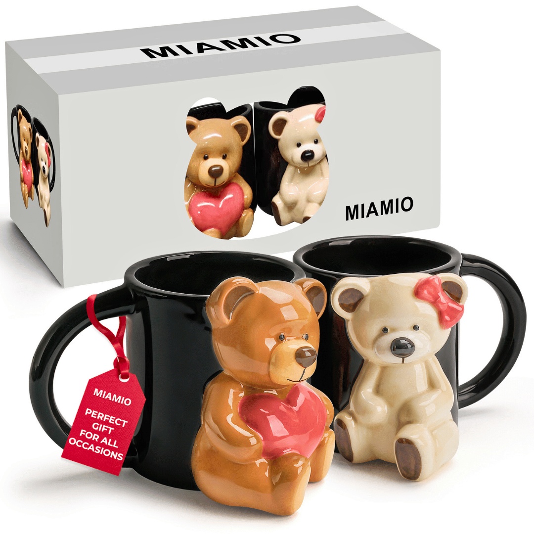 Set 2 Cani cuplu indragostiti, personalizate cu Ursuleti 3D, cadou original pentru el&ea, cafea/ceai, ceramica, negru, 350 ml