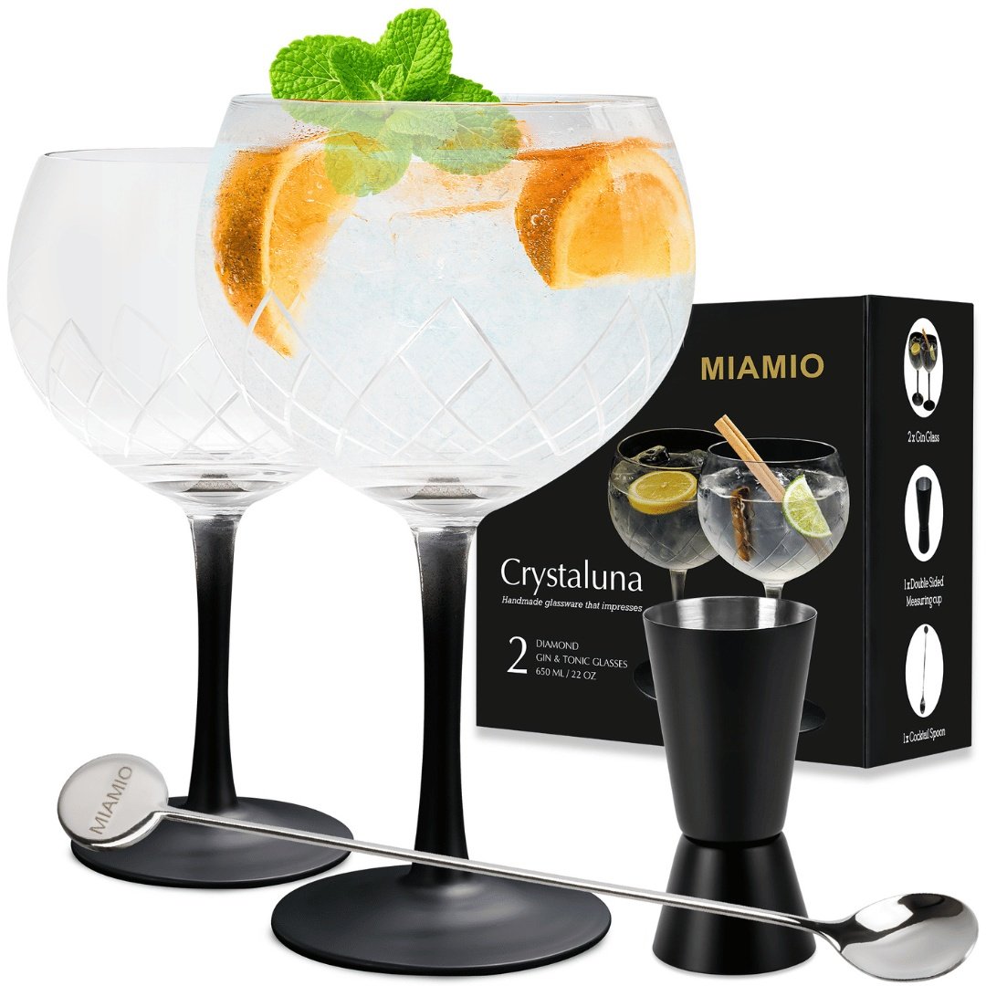 Set 2 Pahare de gin tonic, Crystaluna, cu picior negru elegant, sticla transparenta, 650ml, cupa de masurare si lingurita pentru cocktail incluse