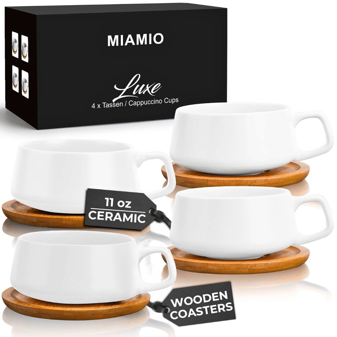 Set 4 Cesti de cappuccino cu farfurie din bambus, colectia Luxe, ceramica, alb, 320 ml