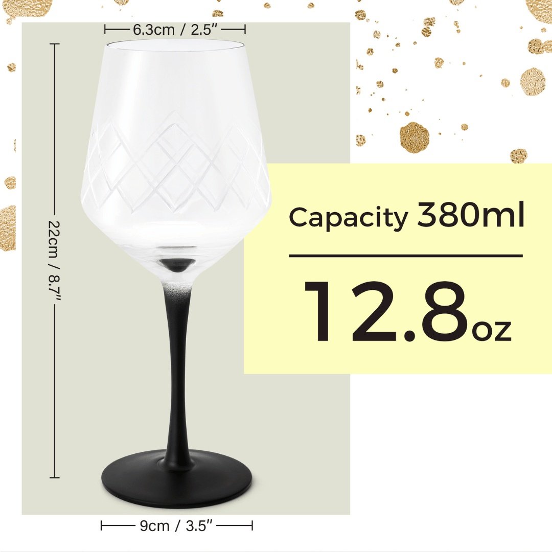 Set 4 Pahare vin alb, Crystaluna, cu picior negru elegant, sticla transparenta, 380ml, dop si aerator pentru vin inclus - 1 | YEO