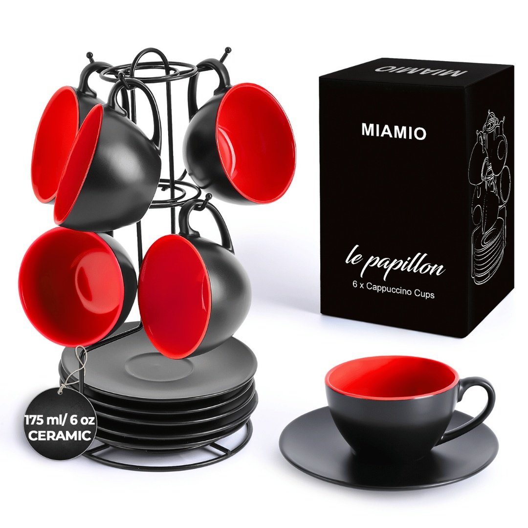 Set 6 Cesti de cappuccino cu farfurie, colectia Le Papillon, ceramica, rosu, 175 ml