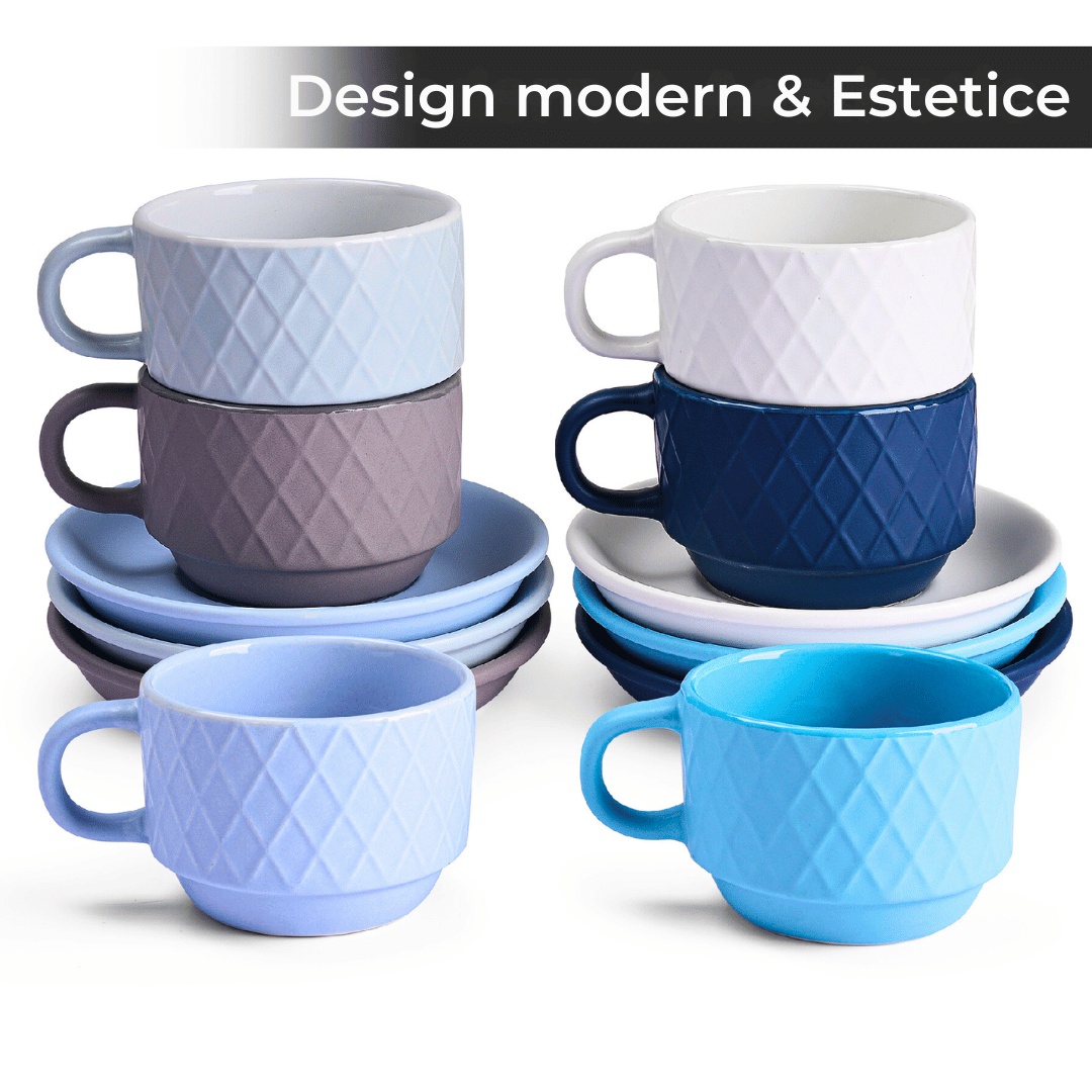 Set 6 Cesti de espresso cu farfurie, colectia Palmanova, ceramica, Ocean multicolor, 75 ml - 2 | YEO