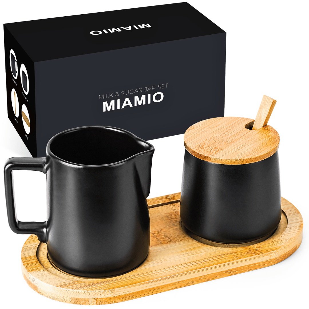 Set Latiera si Zaharnita cu tava de servire cafea, cana lapte 240ml, recipient zahar 200ml cu capac si lingurita, ceramica, negru