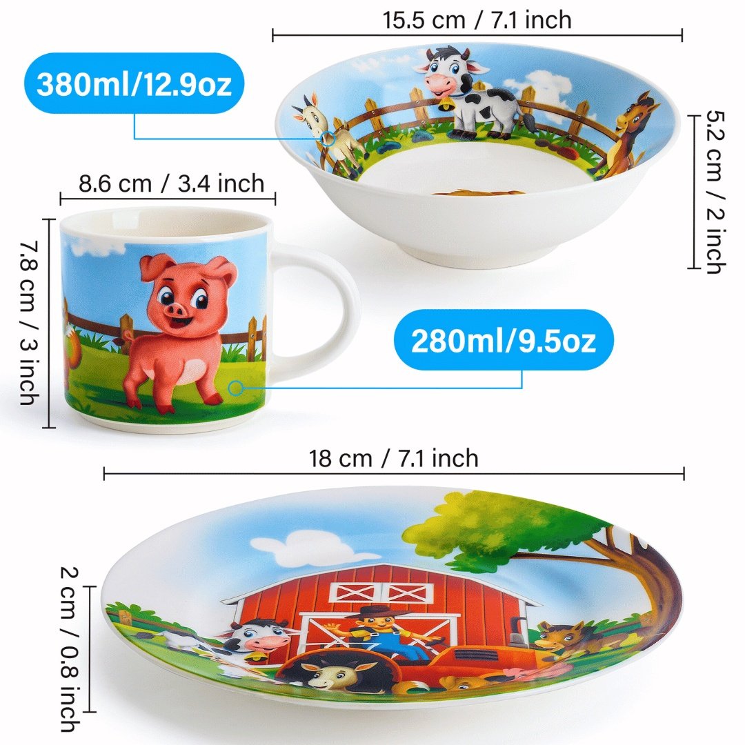 Set vesela pentru copii, colectia Farm, farfurie 18cm, bol 380ml, cana 280ml, 3 piese ceramica - 2 | YEO