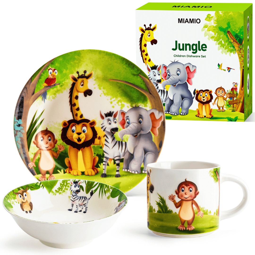 Set vesela pentru copii, colectia Jungle, farfurie 18cm, bol 380ml, cana 280ml, 3 piese ceramica