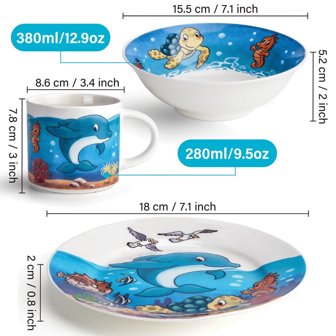 Set vesela pentru copii, colectia Ocean, farfurie 18cm, bol 380ml, cana 280ml, 3 piese ceramica - 2 | YEO