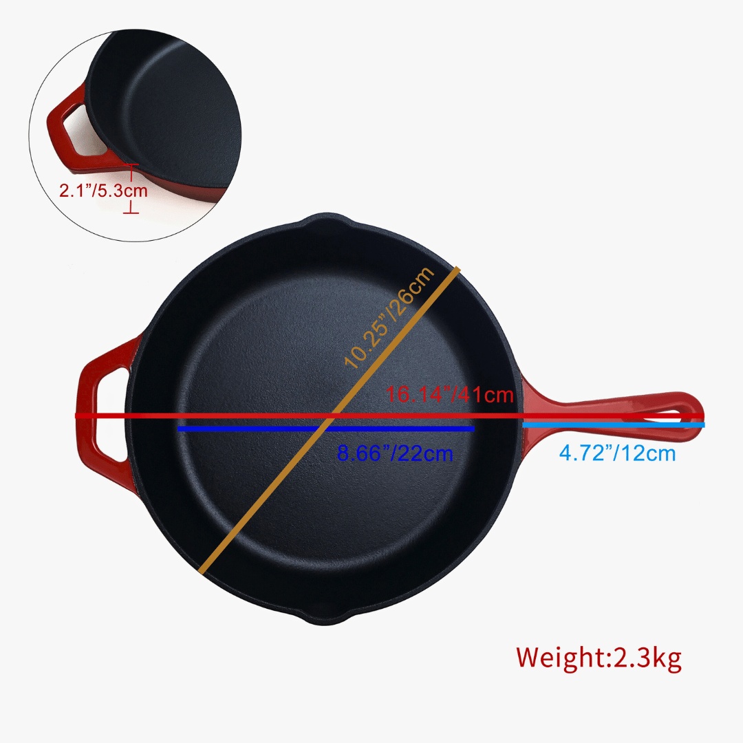 Tigaie din fonta emailata, Crucible Cookware, 26 cm, interior emailat negru, cu manere fixe, rosie, cu 2 suporturi din silicon termorezistente incluse - 2 | YEO