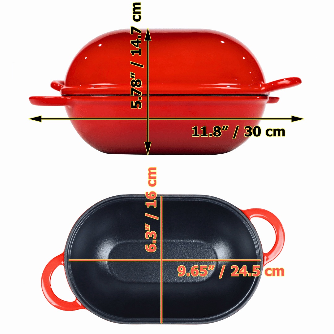 Oala fonta emailata pentru copt paine, Crucible Cookware, tip cuptor olandez cu capac, forma ovala, 24x16cm, 2.7 L, rosu - 1 | YEO