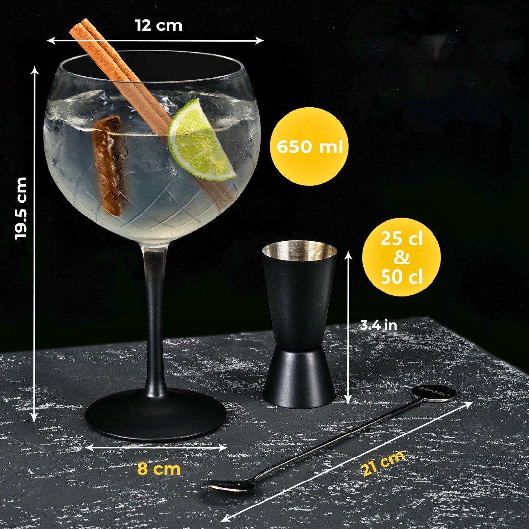 Set 2 Pahare de gin tonic, Crystaluna, cu picior negru elegant, sticla transparenta, 650ml, cupa de masurare si lingurita pentru cocktail incluse - 1 | YEO