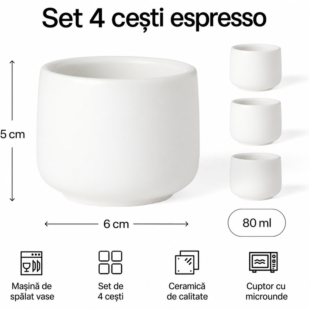 Dimensiuni si continut set cesti espresso Nami Alb, 80 ml