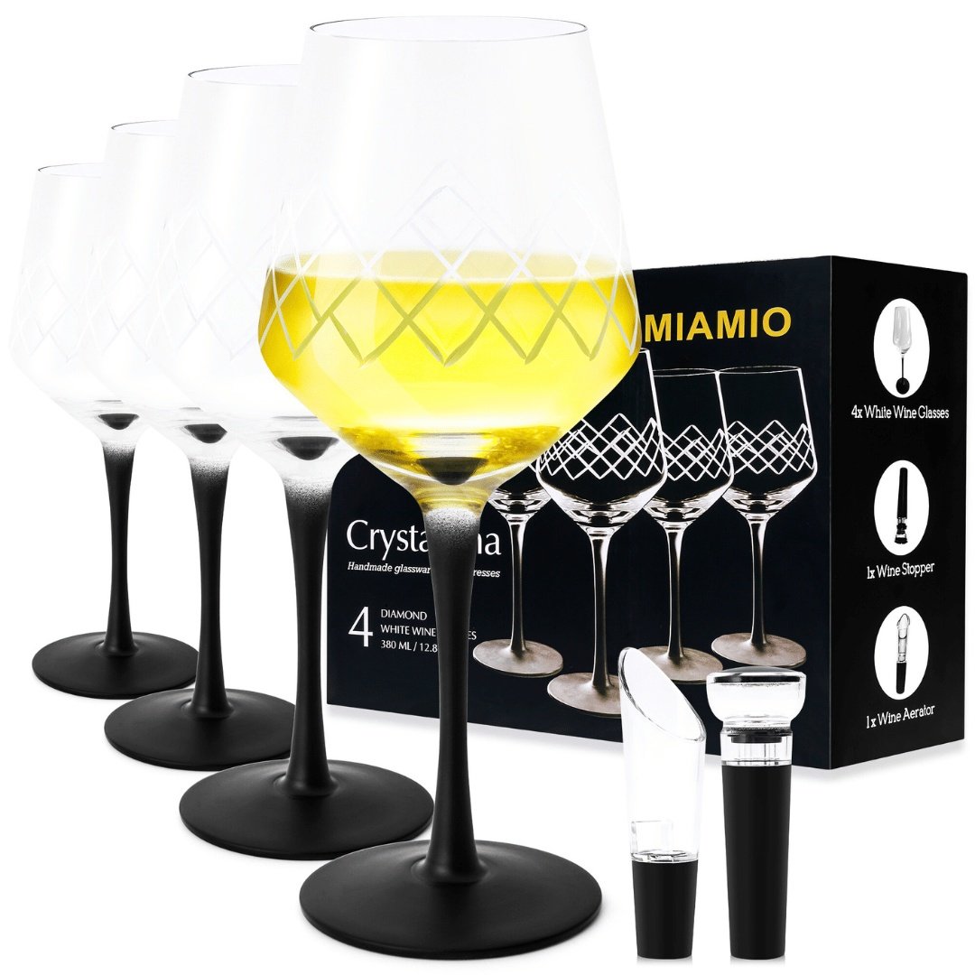 Set 4 Pahare vin alb, Crystaluna, cu picior negru elegant, sticla transparenta, 380ml, dop si aerator pentru vin inclus