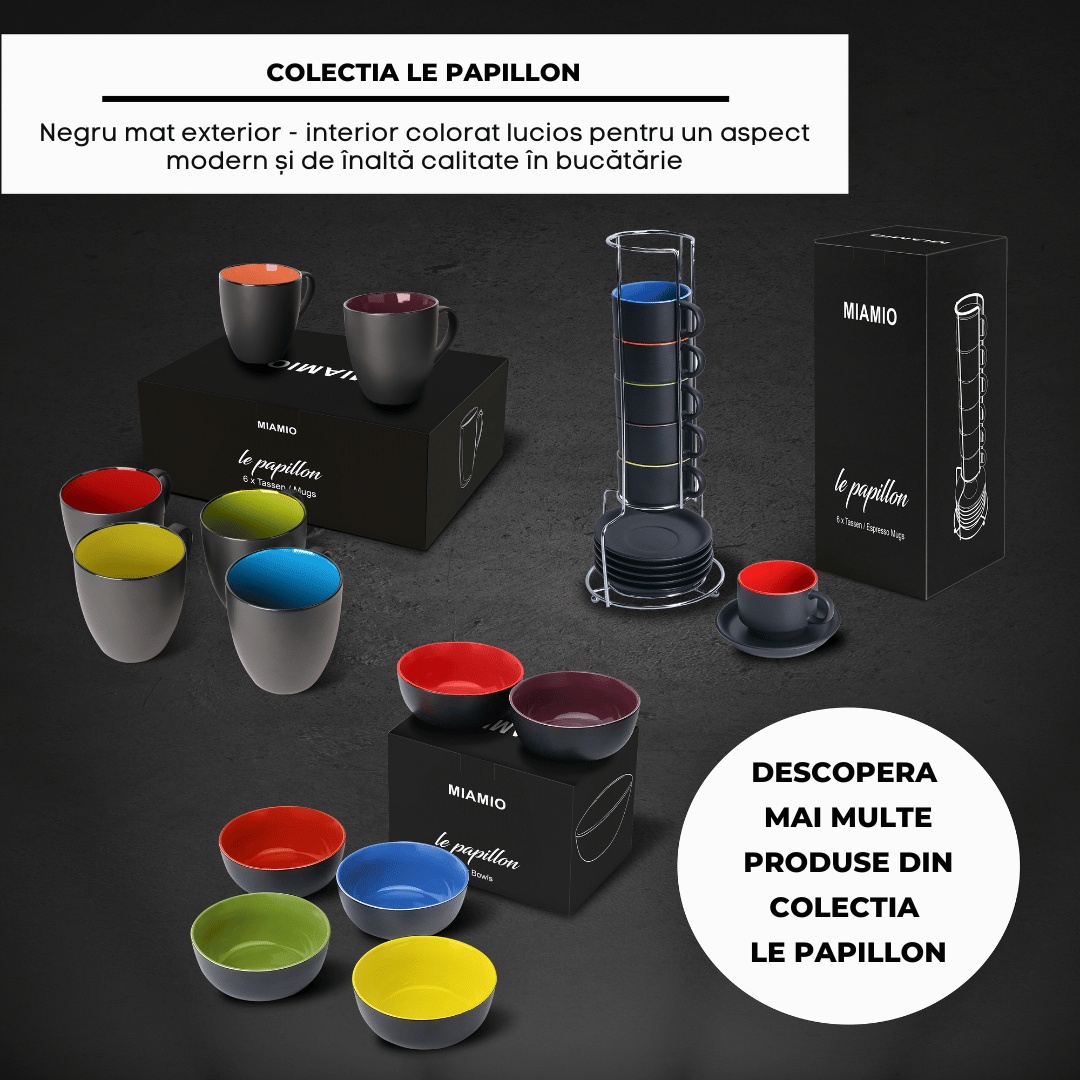 Set 6 Boluri ceramica, colectia Le Papillon, Negru, 600 ml