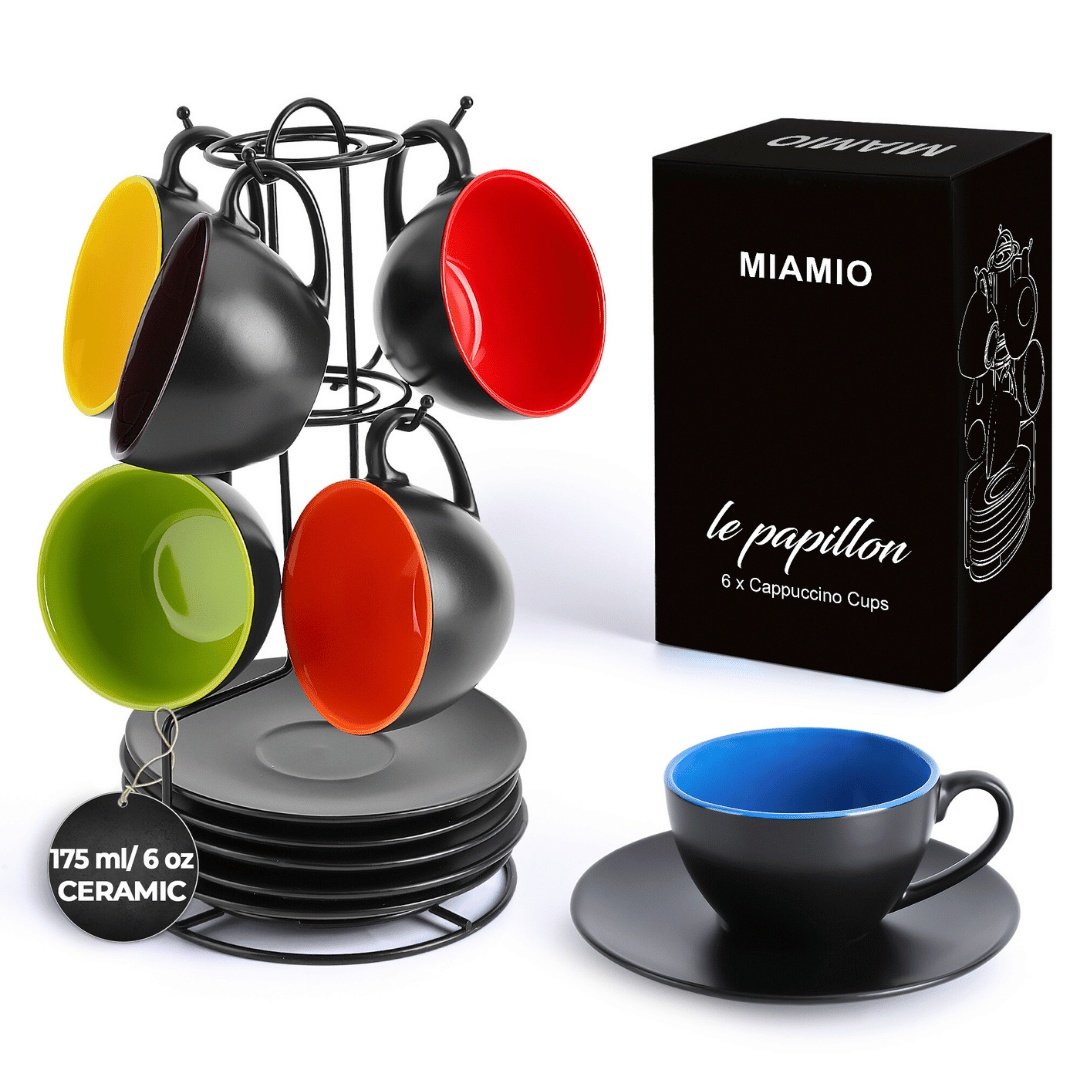 Set 6 Cesti de cappuccino cu farfurie, colectia Le Papillon, ceramica, multicolor, 175 ml