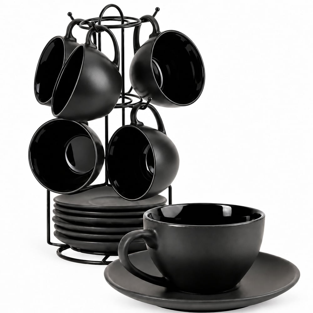 Set 6 Cesti de cappuccino cu farfurioara, Le Papillon Black, ceramica, 175 ml