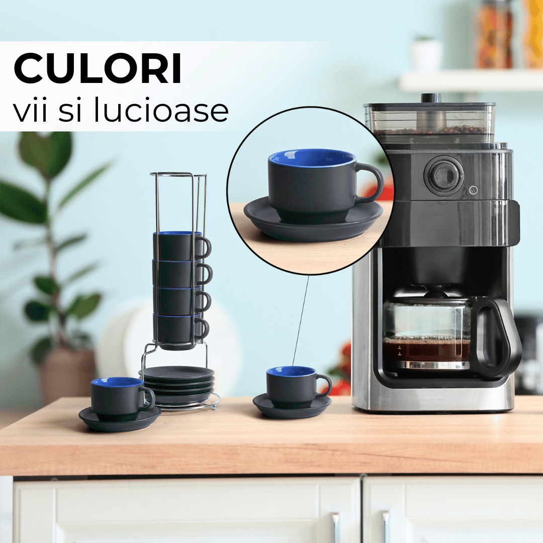 Set 6 Cesti de espresso cu farfurie, colectia Le Papillon, ceramica, albastru, 75 ml - 3 | YEO