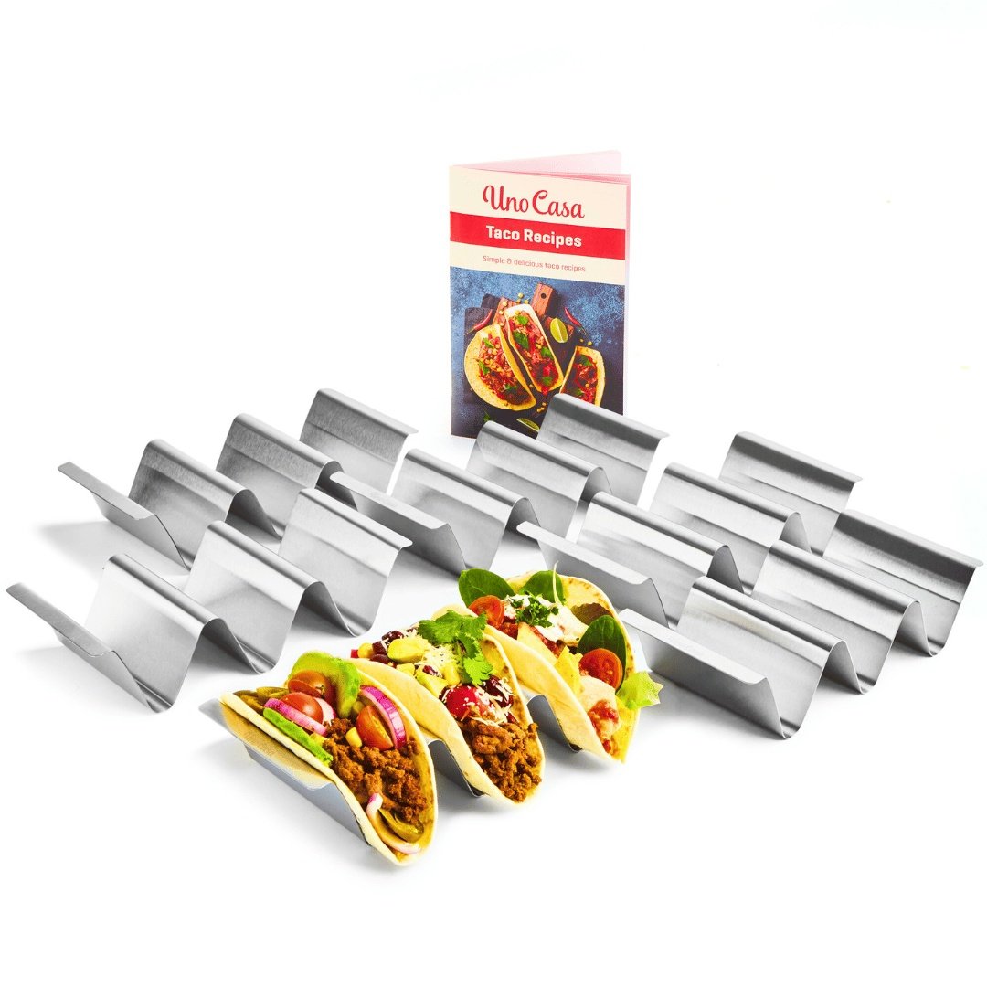 Set 6 Suporturi metalice pentru Tacos, Uno Casa, cu 3 compartimente, otel inoxidabil rezistent, in forma de U, argintiu