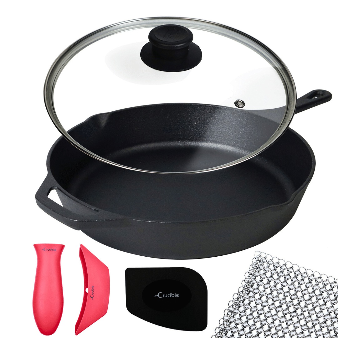 Tigaie din fonta cu capac din sticla, Crucible Cookware, 30.5 cm, pre-asezonata, racleta si zale de curatare si 2 suporturi din silicon termorezistent incluse - 2 | YEO