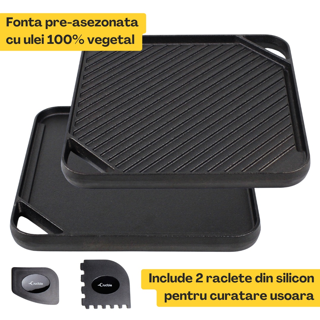 Tigaie Grill patrata din fonta pre-asezonata, Crucible Cookware, cu 2 fete reversibile plita/gratar, 27x27 cm, cu manere, 2 raclete din silicon pentru curatare incluse - 1 | YEO