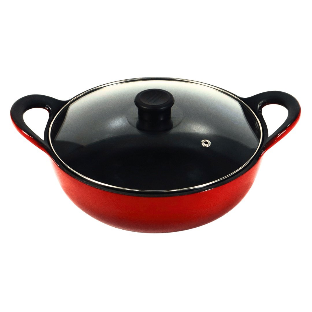 Cratita Balti din fonta emailata cu capac din sticla, Crucible Cookware, 25 cm, 2.8 L, rosie