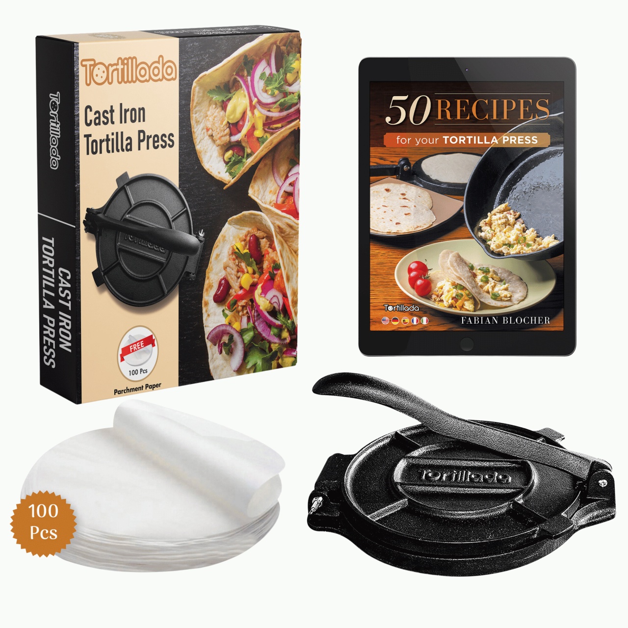 Kit Presa tortilla, Tortillada, fonta pre-asezonata, include hartie de copt x 100 buc - 1 | YEO