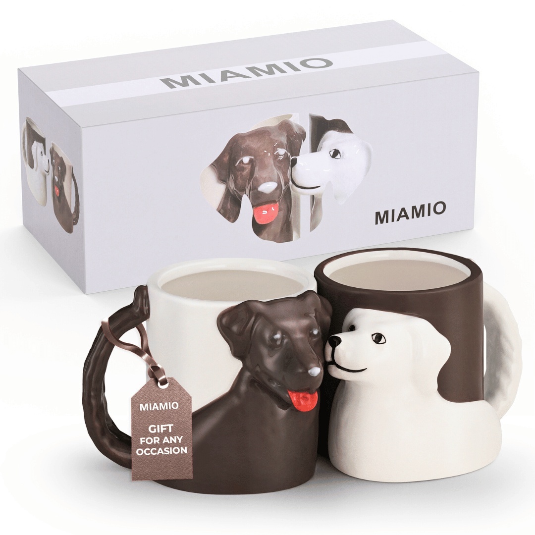 Set 2 Cani cuplu indragostiti, personalizate cu Catelusi 3D, cadou original pentru el&ea, cafea/ceai, ceramica, alb/maro, 300 ml