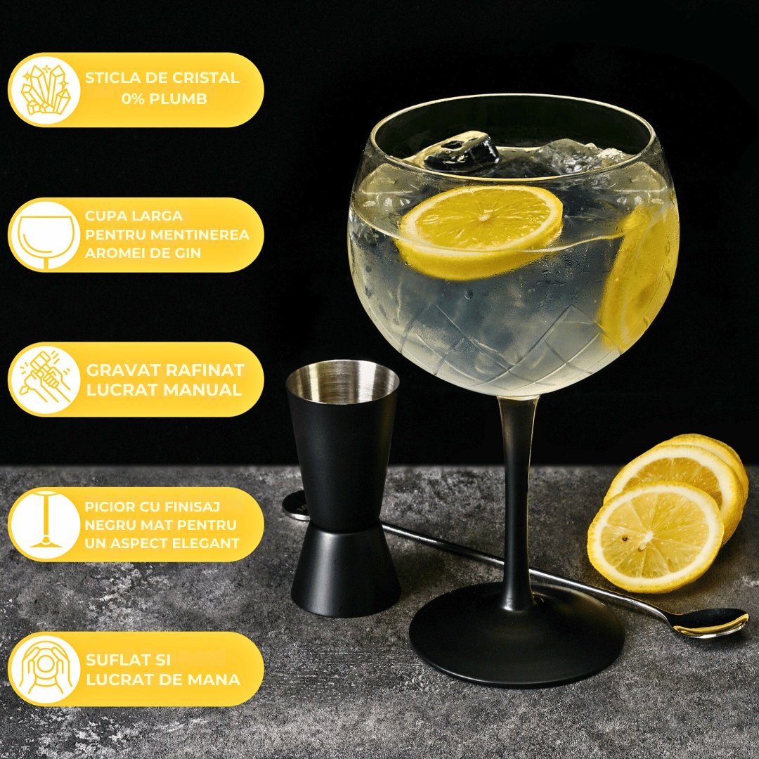 Set 2 Pahare de gin tonic, Crystaluna, cu picior negru elegant, sticla transparenta, 650ml, cupa de masurare si lingurita pentru cocktail incluse - 2 | YEO