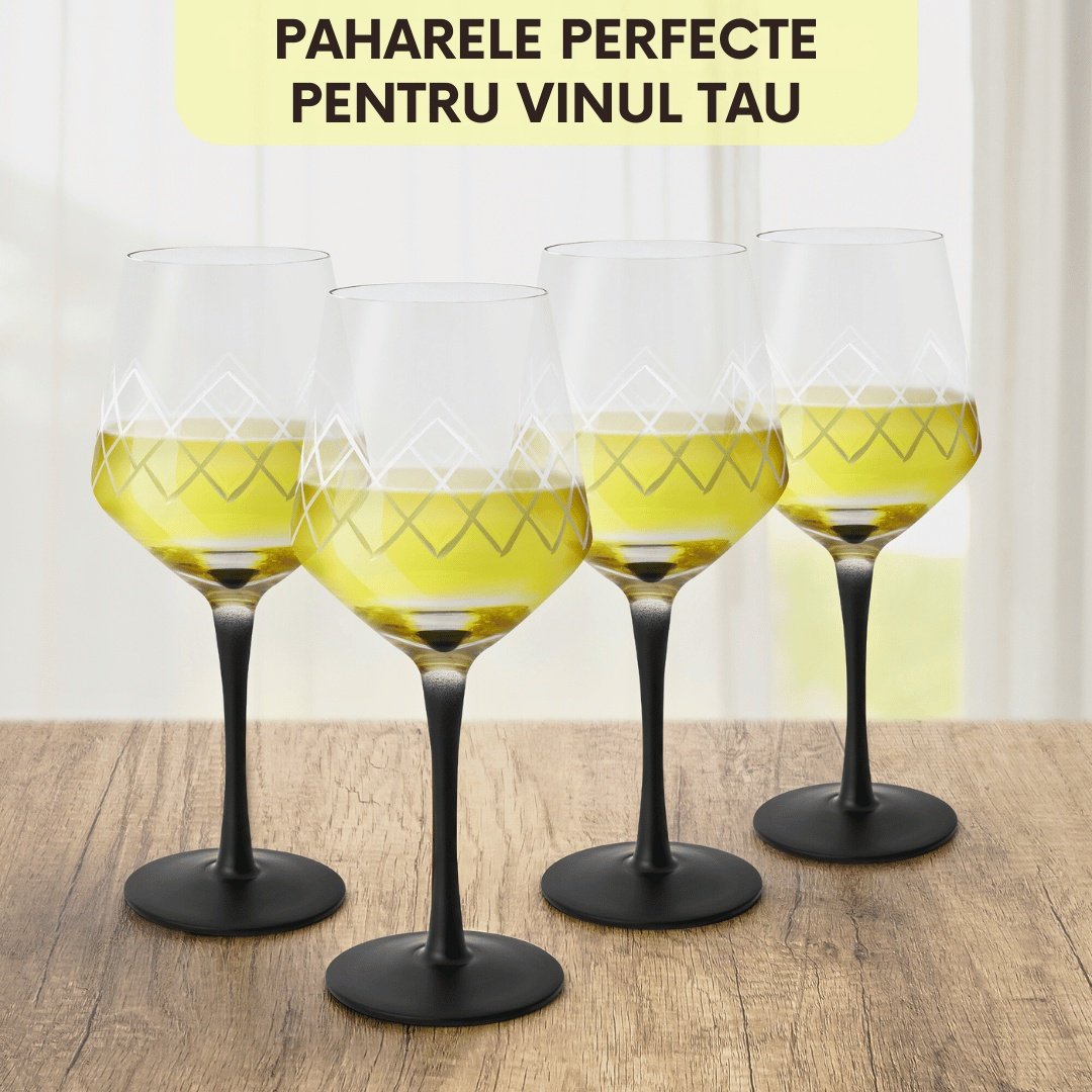 Set 4 Pahare vin alb, Crystaluna, cu picior negru elegant, sticla transparenta, 380ml, dop si aerator pentru vin inclus - 2 | YEO