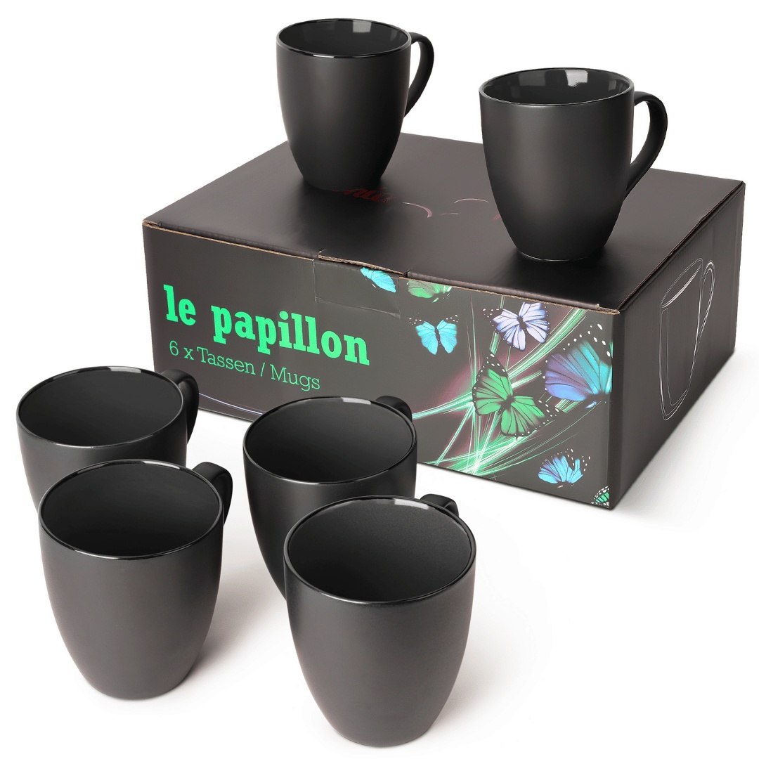 Set 6 Cani de cafea, colectia Le Papillon, ceramica, interior negru, 350 ml